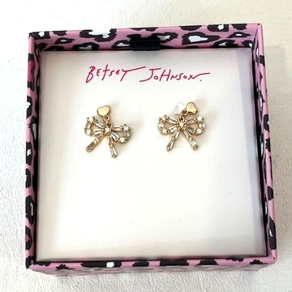 Betsey Johnson Jewelry - Betsey Johnson Gold Tone Crystal Earrings Bows with Hearts NEW NIB